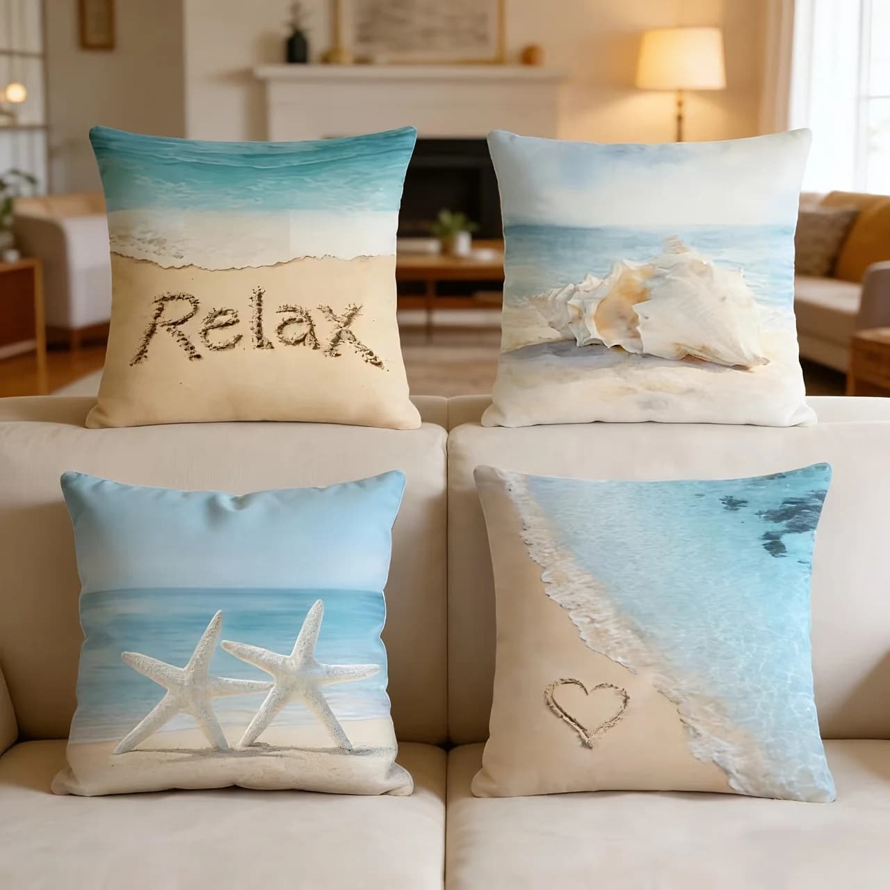1pc 2D Flat (Pillow Not Included) Beach Sand Relax Word Ocean View Cushion Cover Short Plush Coastal Vacation Decor Throw Pillow