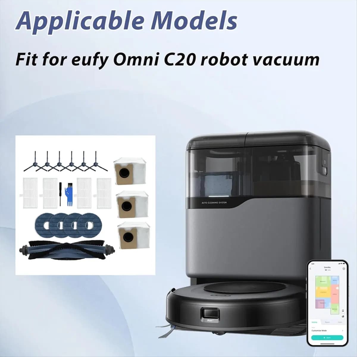 A42F 20 Pezzi per Eufy Omni C20 - Kit Accessori di Ricambio per Aspirapolvere: Spazzola Principale, Spazzole Laterali, Filtro HEPA, Panni Lavapavimenti, Sacchetti Raccoglipolvere