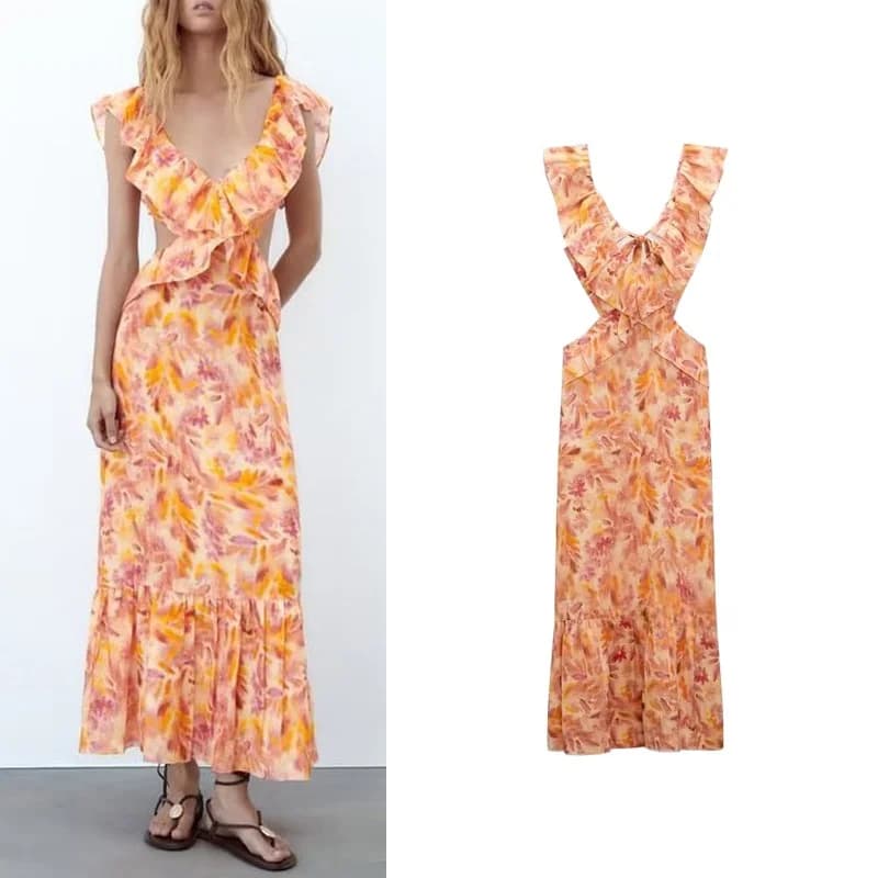 New Spring Evening Dress with Design Bal, Decorative Print Stratified, Long Waist Gonna High Trapezio, Midi Style for Work