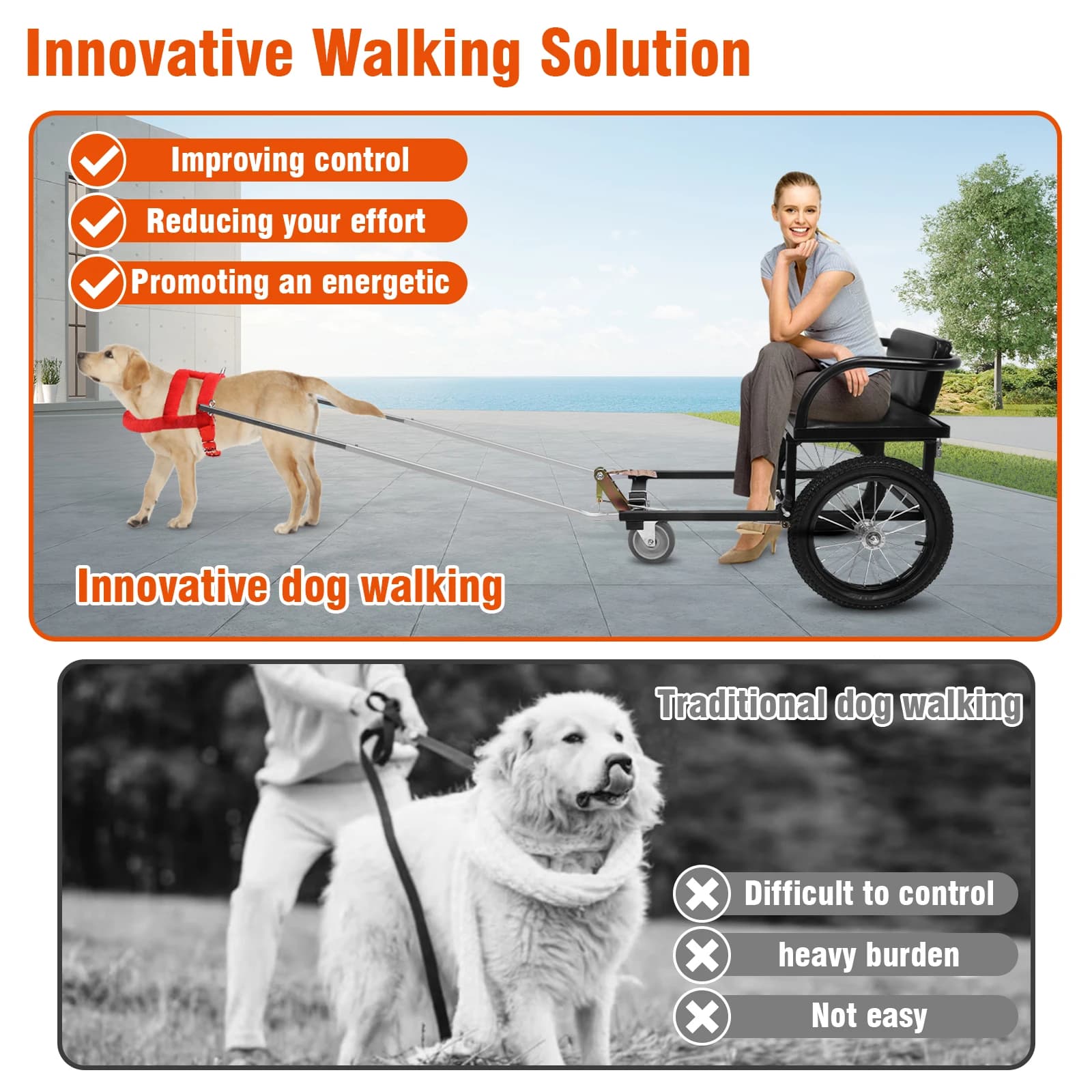 Carrello per cani con sedile per padroni, ideale per portare i cani a spasso o al supermercato, con doppio freno, portata 40-60 kg