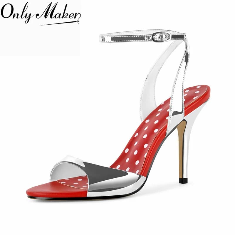 Onlymaker Open Round Toe Silver Upper Red Insole Polka Dot Sandals 10CM Stiletto Heel Ankle Strap Buckle Party Prom Dress Shoes