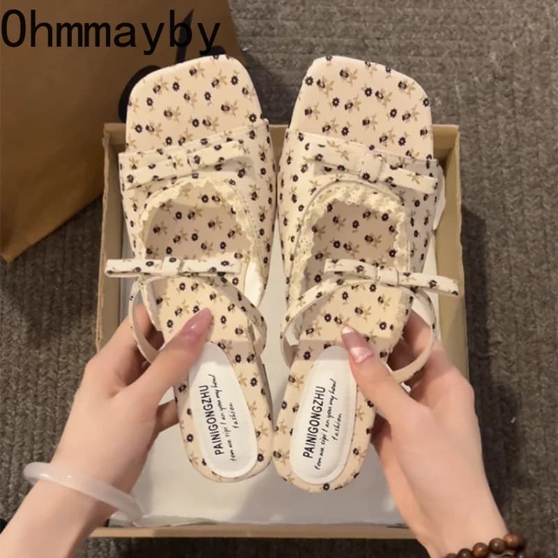 2026 Summer Floral Wedges Heel Women Slippers Concise Slip On Open Toe Shoes Ladies Outdoor Daily Wear Vacation Dress Slides