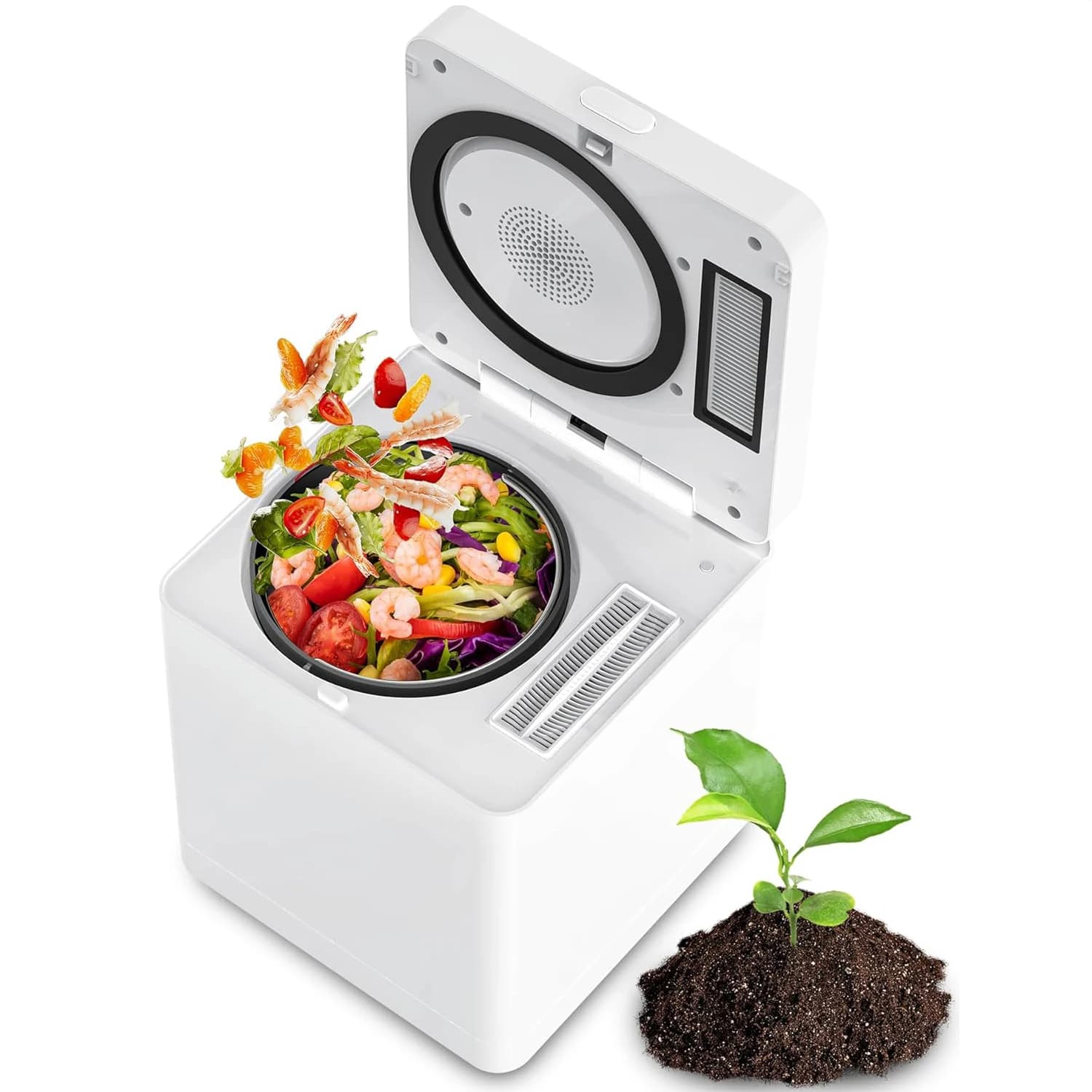 Bidone per compost elettrico compatto da 2,5 litri, 2 filtri a carbone staccabili, funzionamento con un solo tocco, compositore di rifiuti alimentari per uso domestico