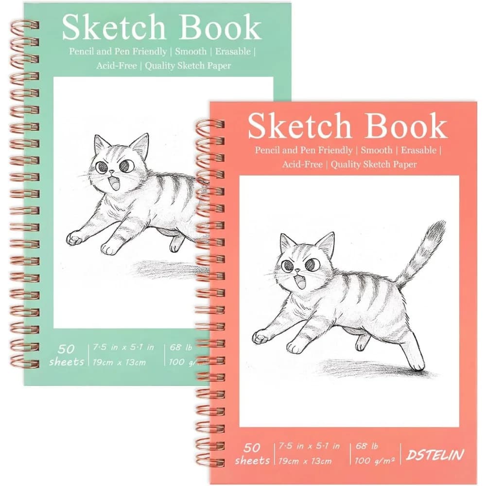 2 Pack Hardcover Sketchbooks with 100 GSM Paper, 7.5x5.1 Inch Spiral Bound, 50 Sheets per Pack, Pink and Green