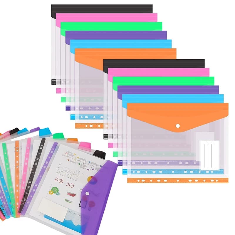 15PCS A4 Clear Document Folders Random Colors Snap Closure Waterproof File Bags with Label for Organizing Papers Office Home ZYF