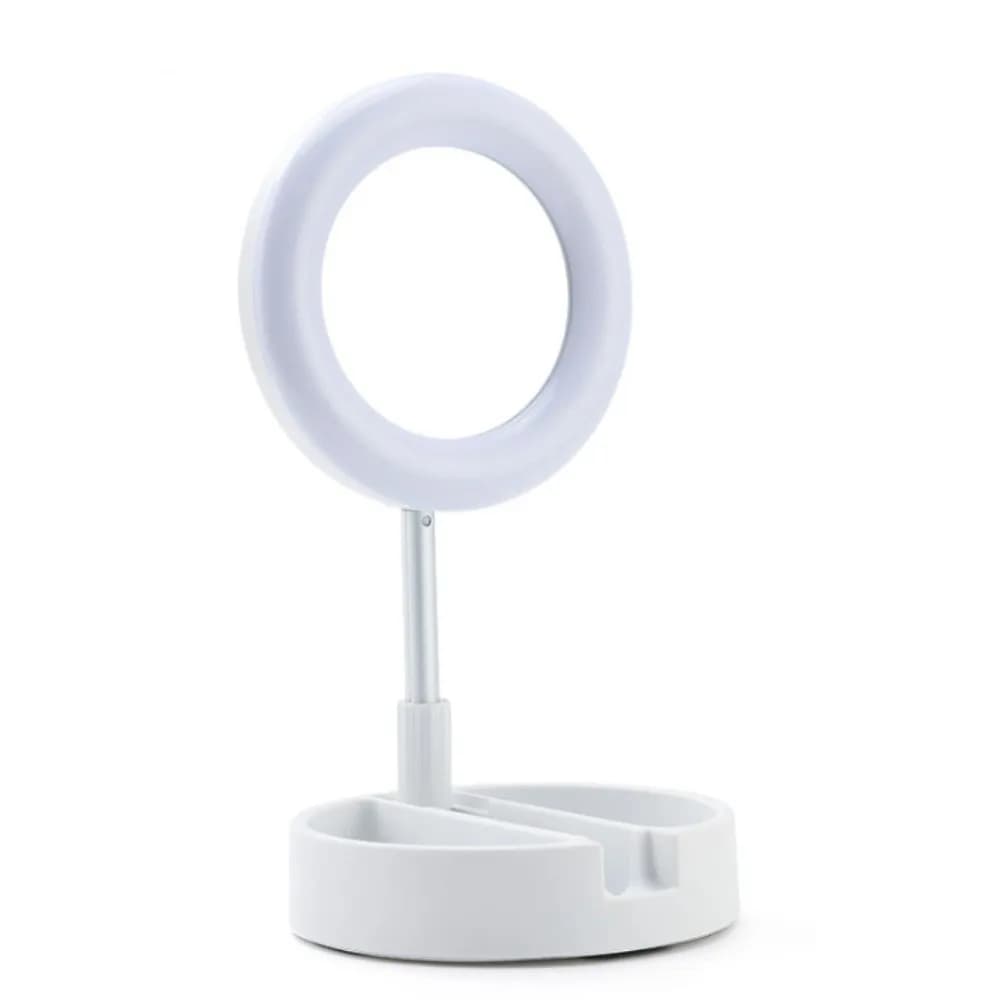 Specchio per Trucco Regolabile in Altezza con Luce LED, Supporto Pieghevole Stabile, Base Universale Portatile per Telefono