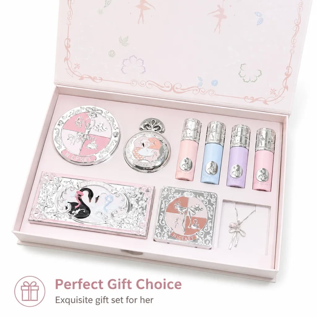 NICEKEY Swan Ballet Luxury Makeup Set with Eyeshadow Blush Powder Lip Gloss And Jewelry Necklace in Holiday Gift Box