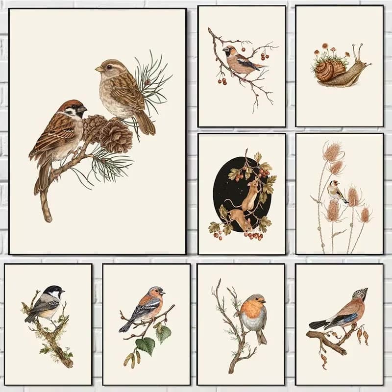 (No frame)1Pc Frameless Vintage Goldfinch Landscape Bird Flower Wall Art Canvas Painting Nordic Posters Prints Wall Pictures