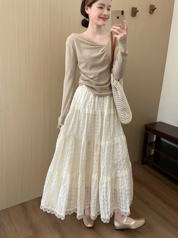 Elegant Embroidered Lace A-Line Skirt Women's Spring Autumn Slimming Fairy Skirt High Waist Midi Skirt Cake Skirt Batwing