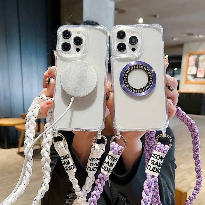 Strap Wireless Case For iPhone 17 16 14 15 13 12 11 Pro Max Mini XS X Crossbody Lanyard Shockproof Clear Acrylic Magnetic Cover