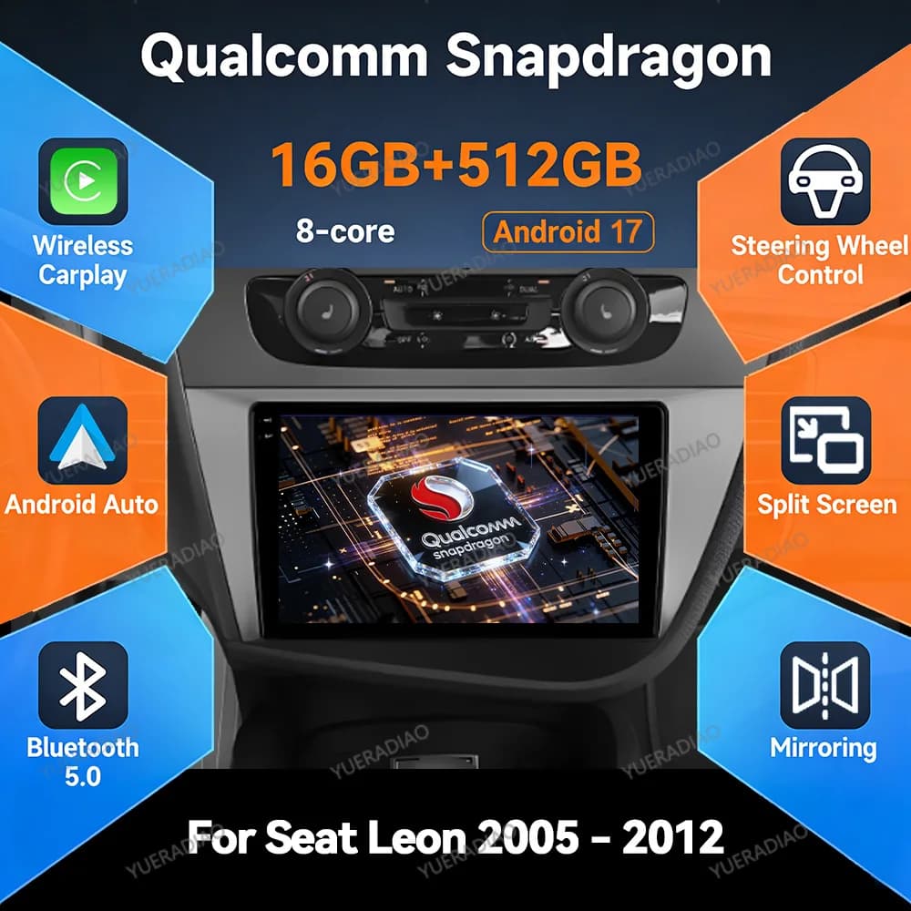 Android 17 Car Radio For Seat Leon 2 MK2 2005 - 2012 Multimedia Stereo Video Player QLED GPS NAVI 2DIN BT Qualcomm Head Unit