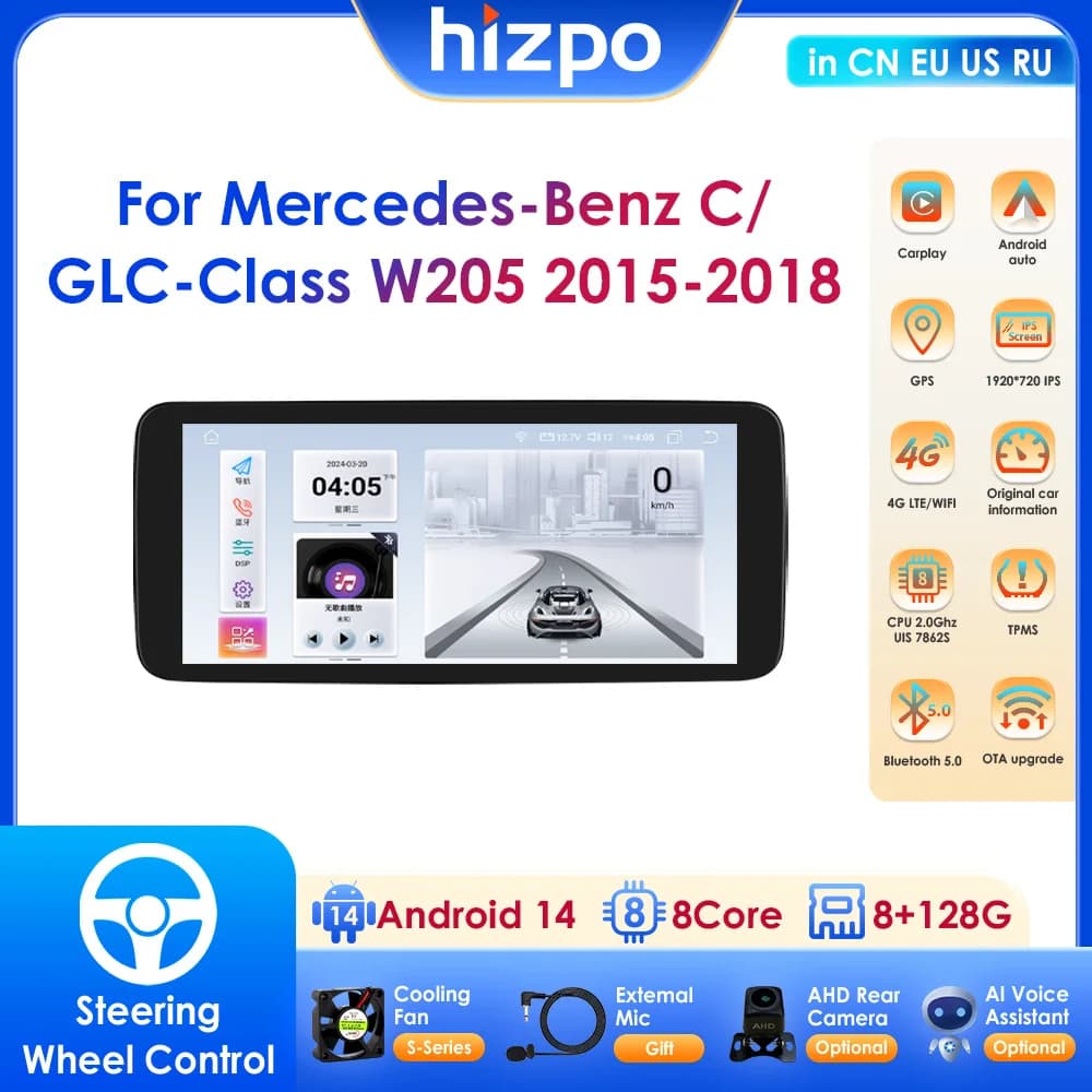 Sistemi Auto Intelligenti Android 14 Octa Core con Supporto Carplay e Android Auto per Mercedes-Benz Classe C/GLC W205 (2015-2018) NTG 5.0
