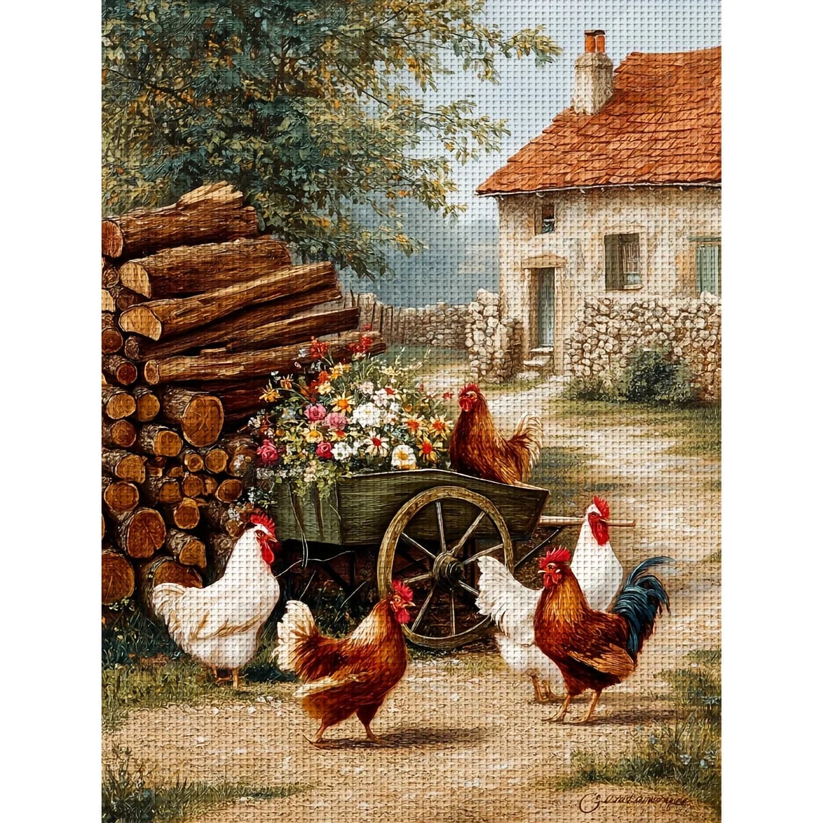 1PC36X46cm/14.17X18.11in,11CT Print Cross Stitch DIY Kit, Rustic Homestead, Adult Beginner's Relaxed Cross Stitch Stitch