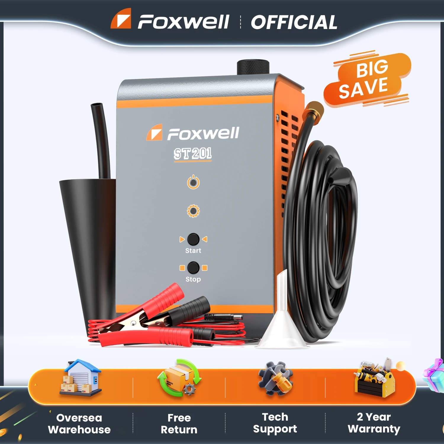 FOXWELL ST201 Rilevatore di Fumo per Auto con Pompa d'Aria Integrata, Diagnostica di Perdite di Fumo ad Alta Pressione per EVAP