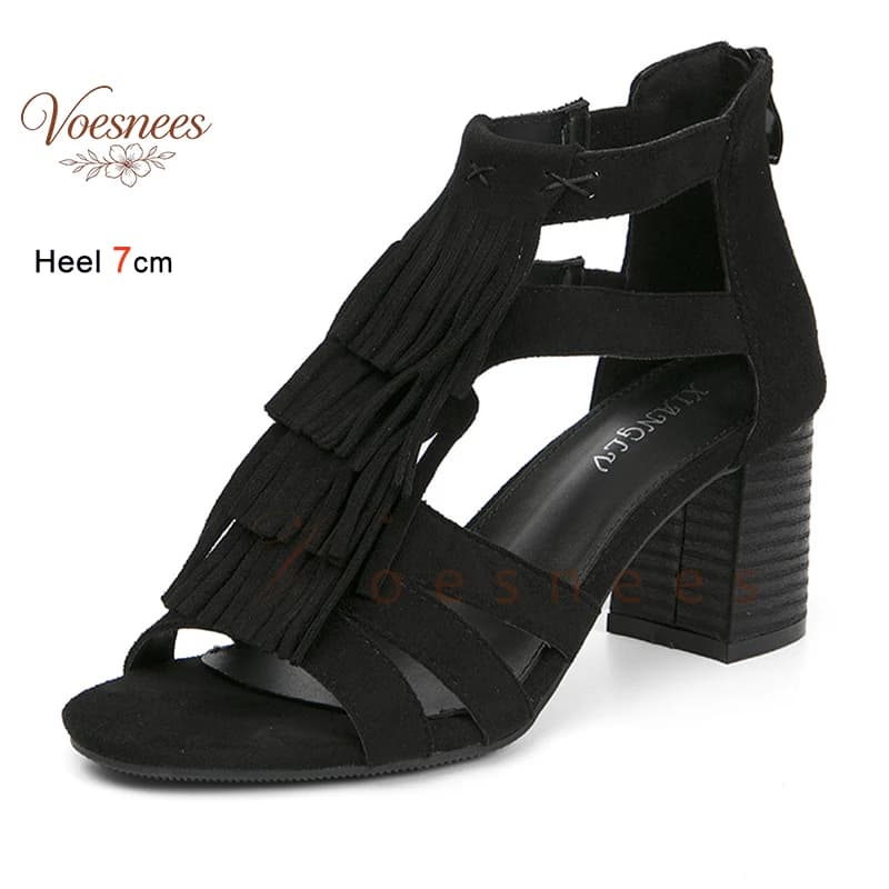Black Fringe Suede Women Sandals Block Heels 7cm Open Toe Cutout Ankle Strap Back Zipper Western Style Casual Dress Pumps Shoes
