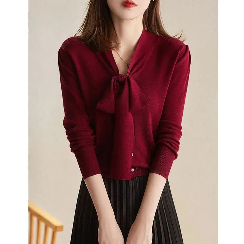 Autumn Winter New Red Women's Ribbon Slimming Solid Color Cotton Knit Cardigan Sweater Inner Outerwear