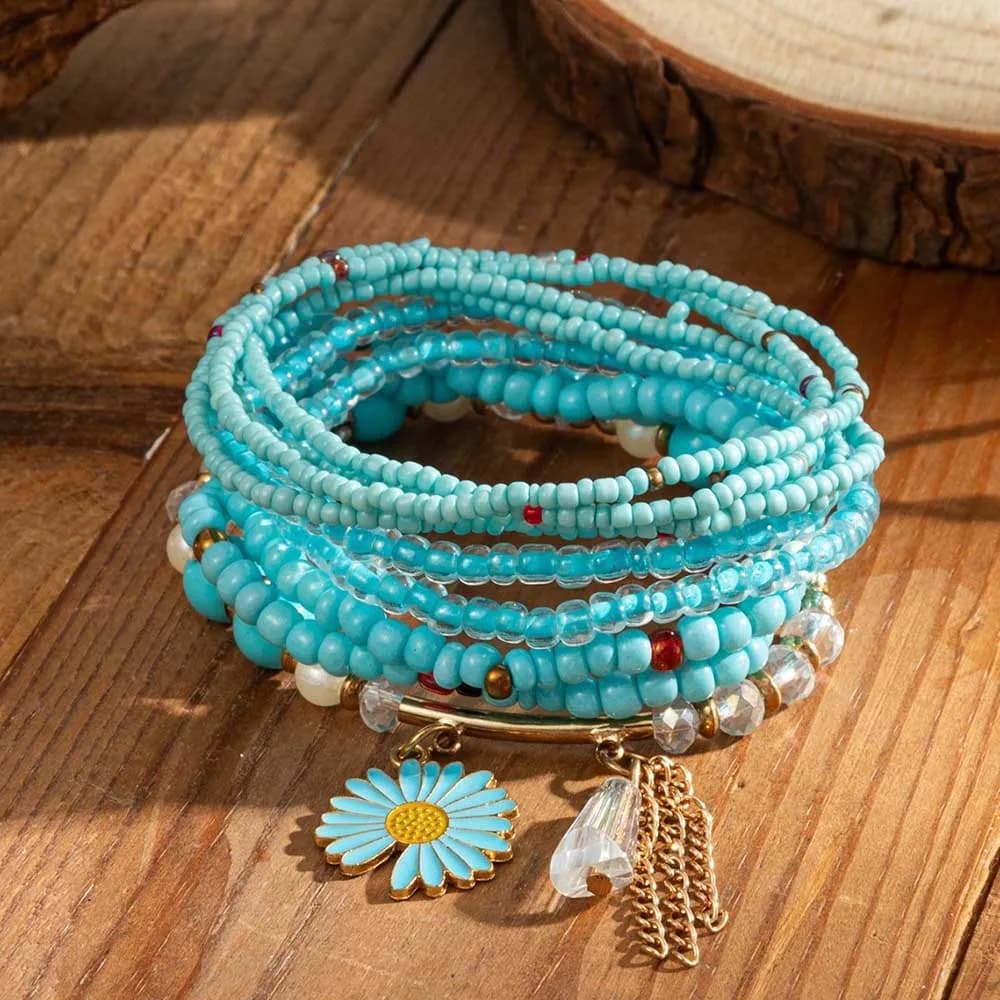 Set di Bracciali Boho con Fiori a Margherita, Nappe e Perline di Vetro, Blu Turchese, Gioielli Estivi per Festival Musicali da Donna