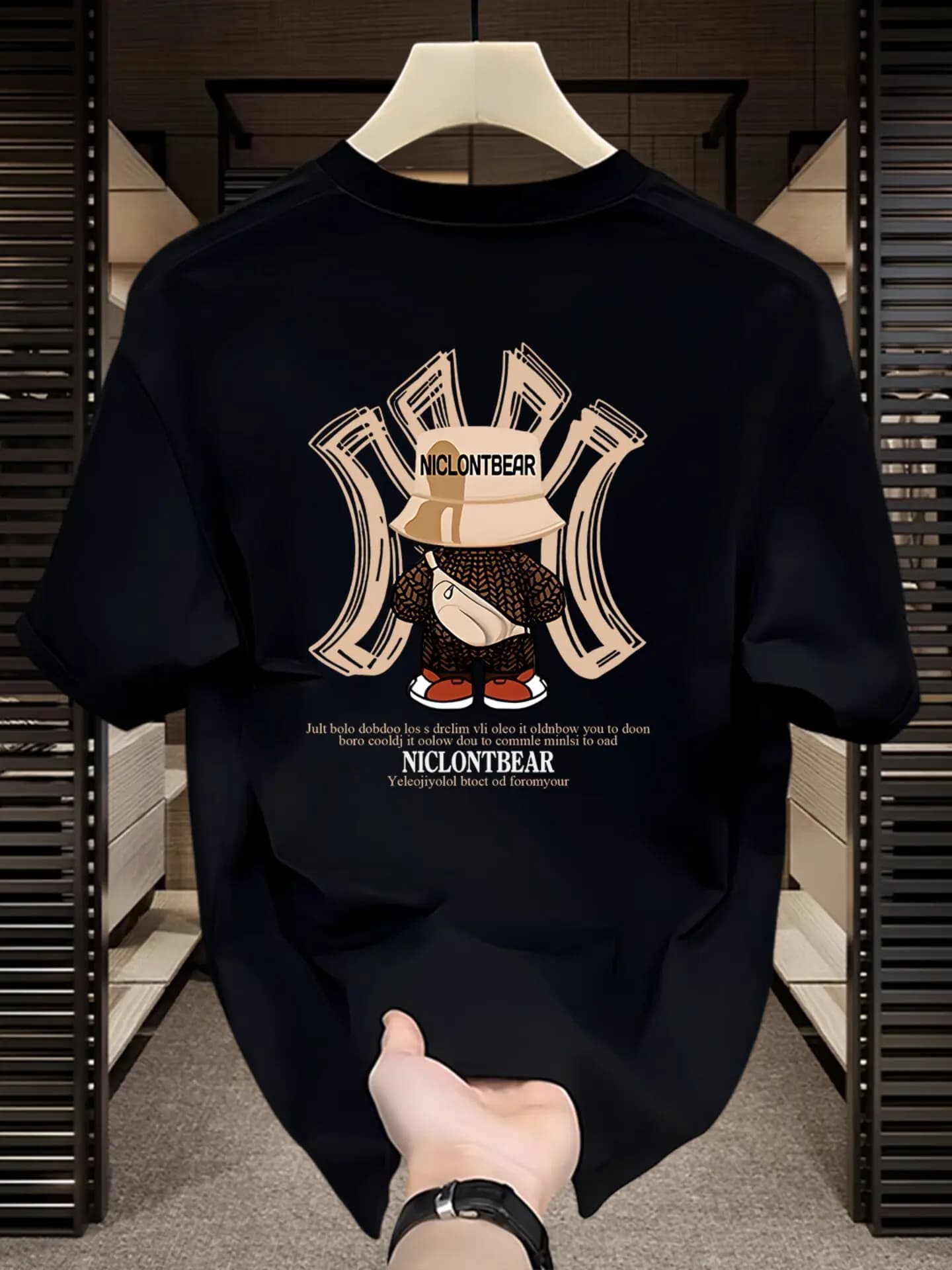American Hip-hop Style Short-sleeved T-shirt for Men, Round Neck, Black Cartoon Print, Loose and Heavy Pure Cotton Trendy Tops