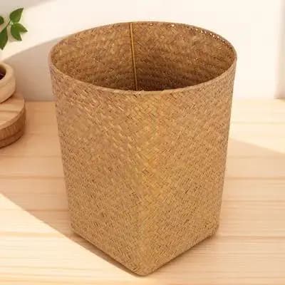 Cestino Decorativo Rotondo in Paglia Intrecciata, Contenitore per Rifiuti Domestici, Portaoggetti Elegante per Soggiorno, Camera da Letto, Ufficio