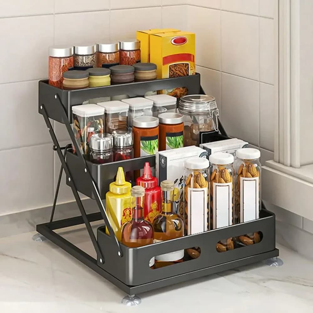 Portaspezie pieghevole a 3 livelli per piano di lavoro, organizer in ferro per condimenti da cucina, per armadietto, dispensa, design salvaspazio.