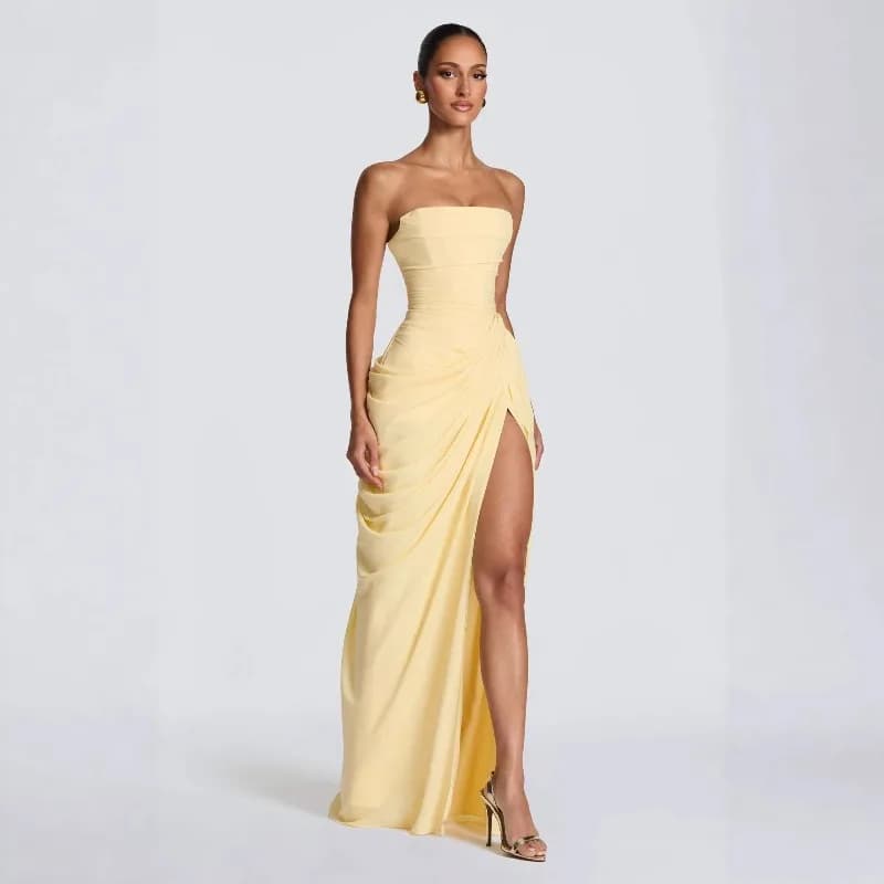 Elegante Abito Lungo Senza Spalline da Donna con Vita Arricciata e Spacco sulla Coscia, Vestito Fluido Chic per Feste Romantiche, Moda Unica, Nuovo Vestido