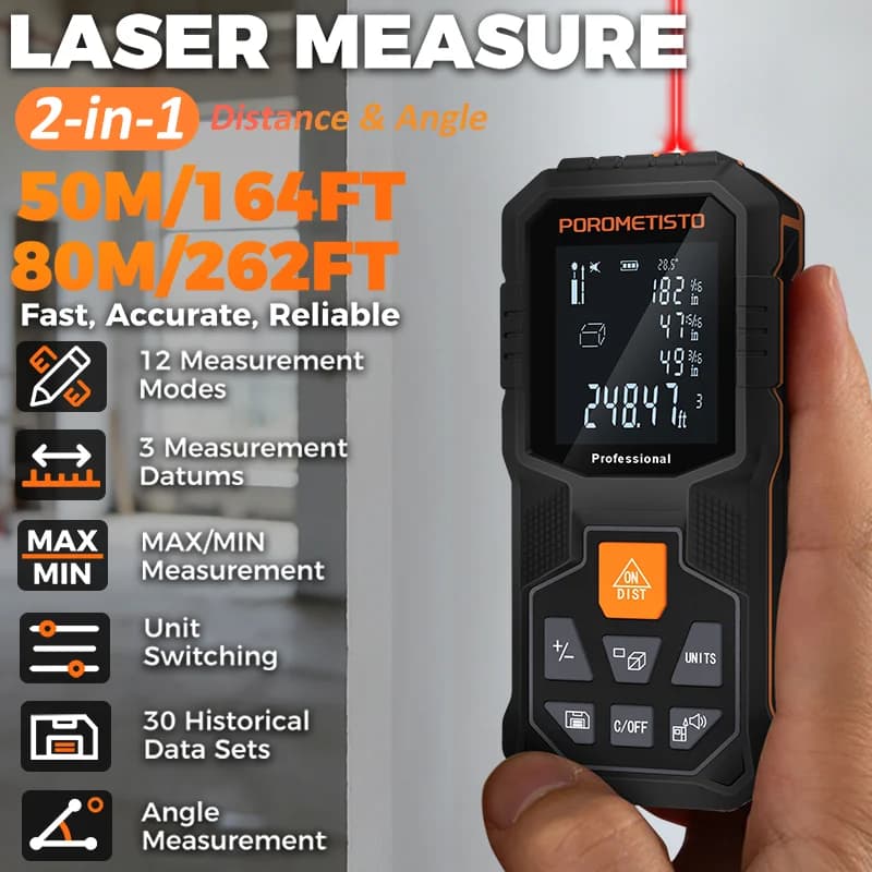 Misuratore Laser 2-in-1 da 50m/80m con 30 Set di Archiviazione Dati, Telemetro Laser, Metro Digitale e Strumento per Misurazione Angoli