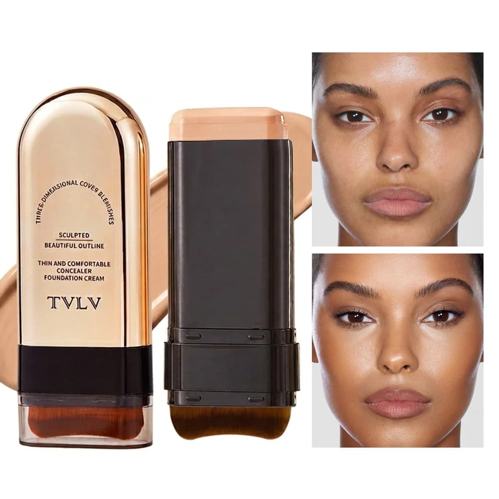 Foundation Stick With Built-in Brush 4Colors Full Coverage Concealer Foundation Cream Long Lasting Oil Control Face Contour Make