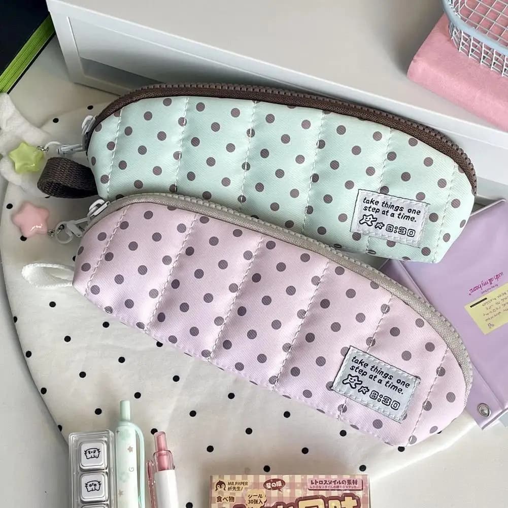 Aesthetic Polka Dot Pencil Case Portable Korean Style Pencil Pouch Handheld Large Capacity Stationery Organizer Students