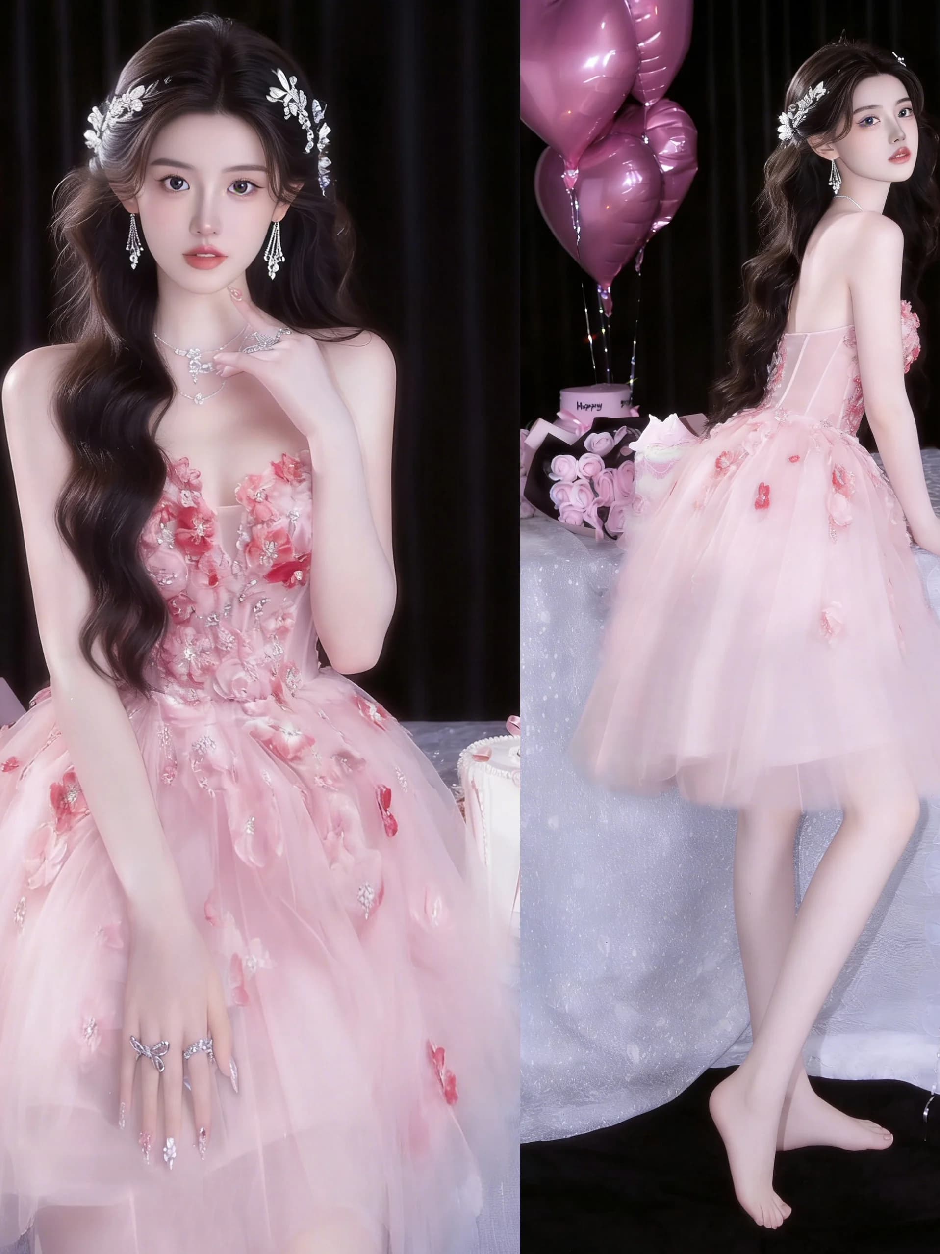 Pink Petal Bride-to-be Dress Photography Hostess Engagement Ceremony Short Skirt Wedding Dress Korean Style Floral Embro...