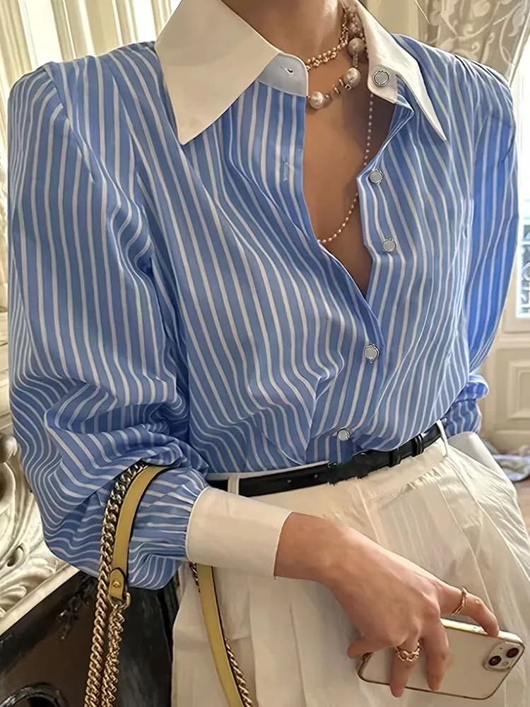 New blue-white striped long sleeve shirts with contrasting collar strong size elegant women's shirts large Top offers