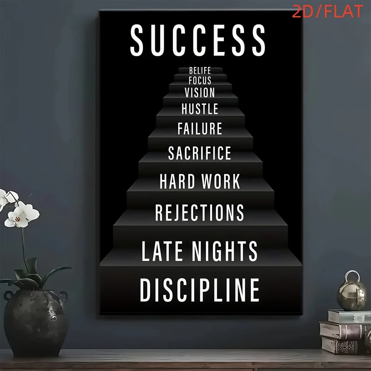 2D Flat, 2D Flat -1pc Motivational "Stairway to Success" oil painting canvas print Posters, Modern Wall arts decoration paint