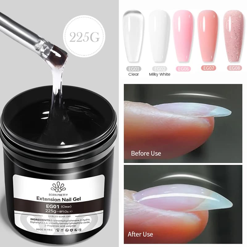 BORN PRETTY Gel per Estensione Unghie Bianco Latte Rosa Trasparente 225g, Gel Semipermanente UV LED per Costruzione Unghie, Nail Art per Salone e Fai da Te