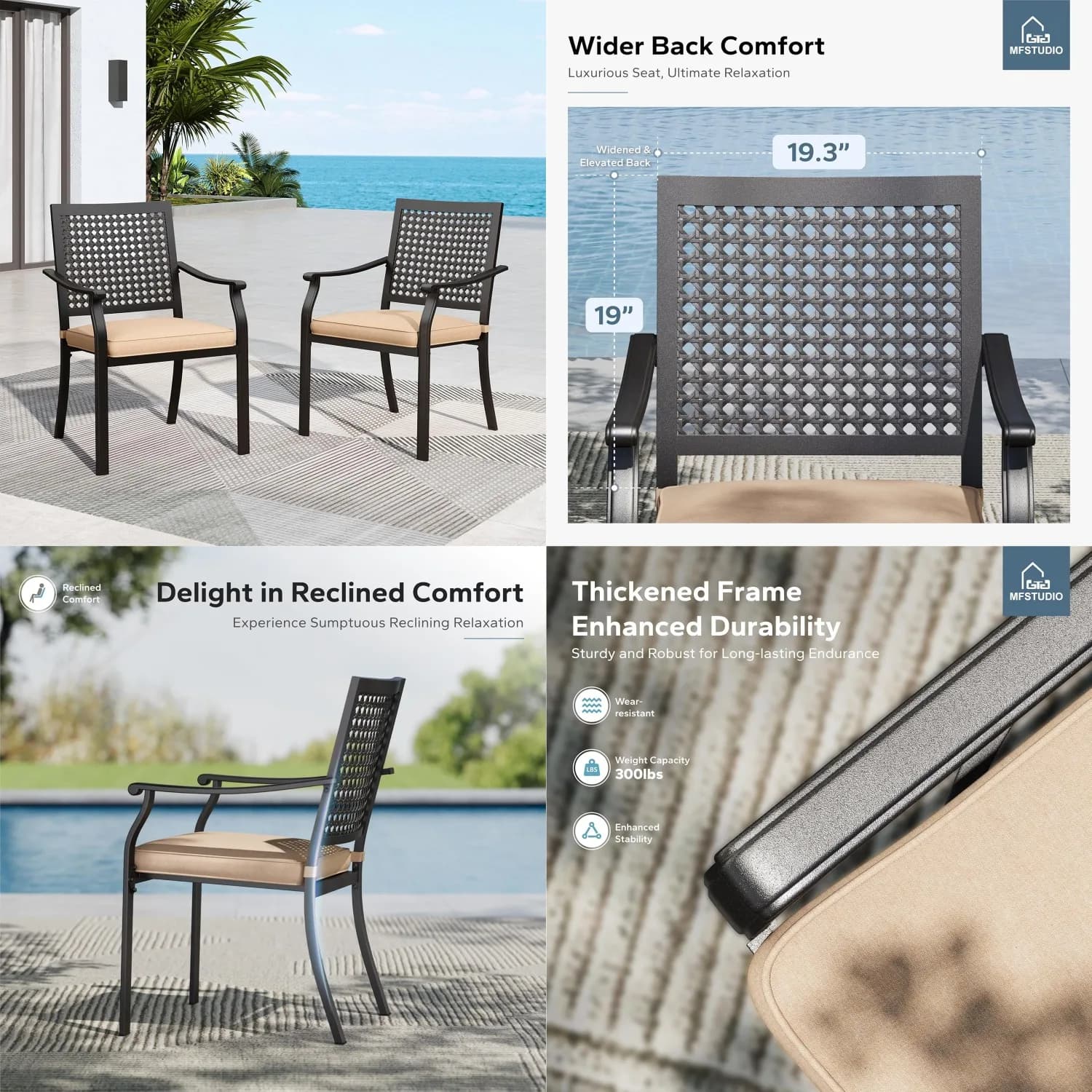 Metal Patio Dining Chairs Set of 2 Wrought Iron Cushion Deck Bistro Porch Lawn, Customized