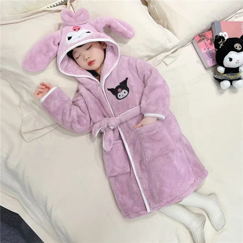 Sanrio Kuromi My Melody Winter Spring Girls Robe Pigiama Set Coral Fleece With Hood Kids Baby Homewear Bathrobe Nightwear