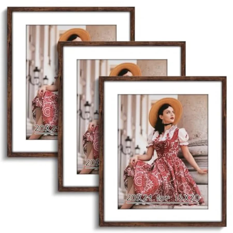 Set di 3 Cornici Scure - Cornici per Poster 20 x 24 con Effetto Legno Rustico, con Passepartout o Senza Passepartout, per Esposizione a Parete