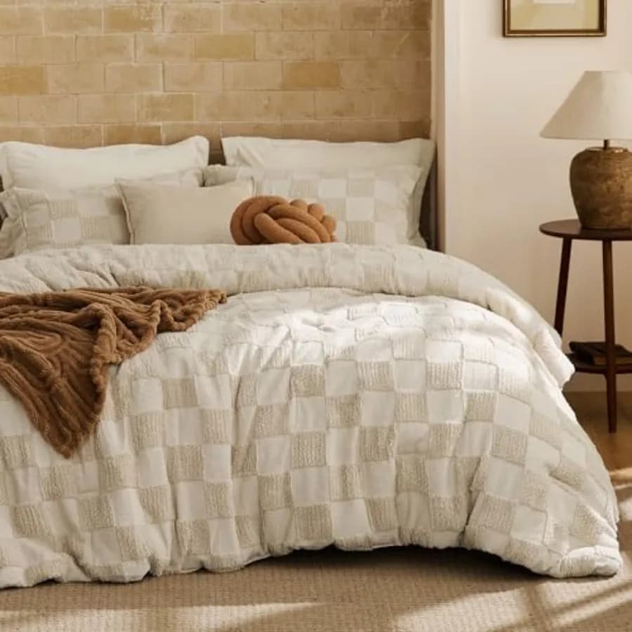 Set Copripiumino Beige, Set Letto Boho Trapuntato, Biancheria da Letto Stile Rustico a Quadri Vintage, 3 Pezzi, 1 Copripiumino Geometrico