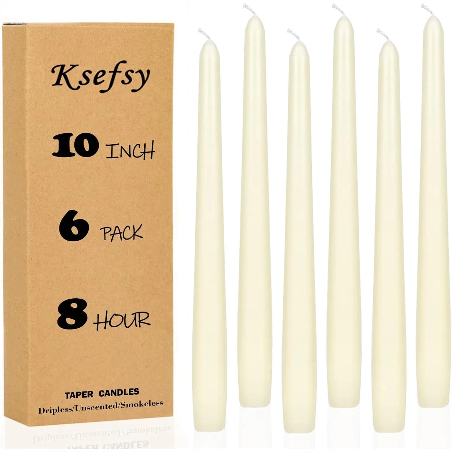 Candele Affusolate Senza Profumo 10 Pollici Avorio Confezione da 6, Durata 8 Ore Senza Gocciolamento per Decorazioni Matrimoni Cene e Feste