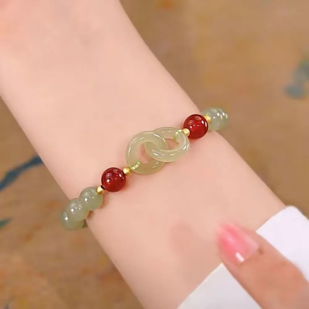 Bracciale con perle di calcedonio e fibbia a cuore, imitazione giada, bracciale Feng Shui portafortuna con design a doppio anello, gioiello a bracciale rigido