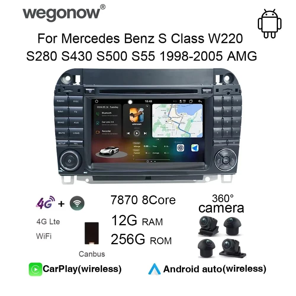 Autoradio con Carplay e Lettore Multimediale per Mercedes Benz Classe S W220 S280 S430 S500 S55 1998-2005 AMG, Android 13, GPS, WiFi