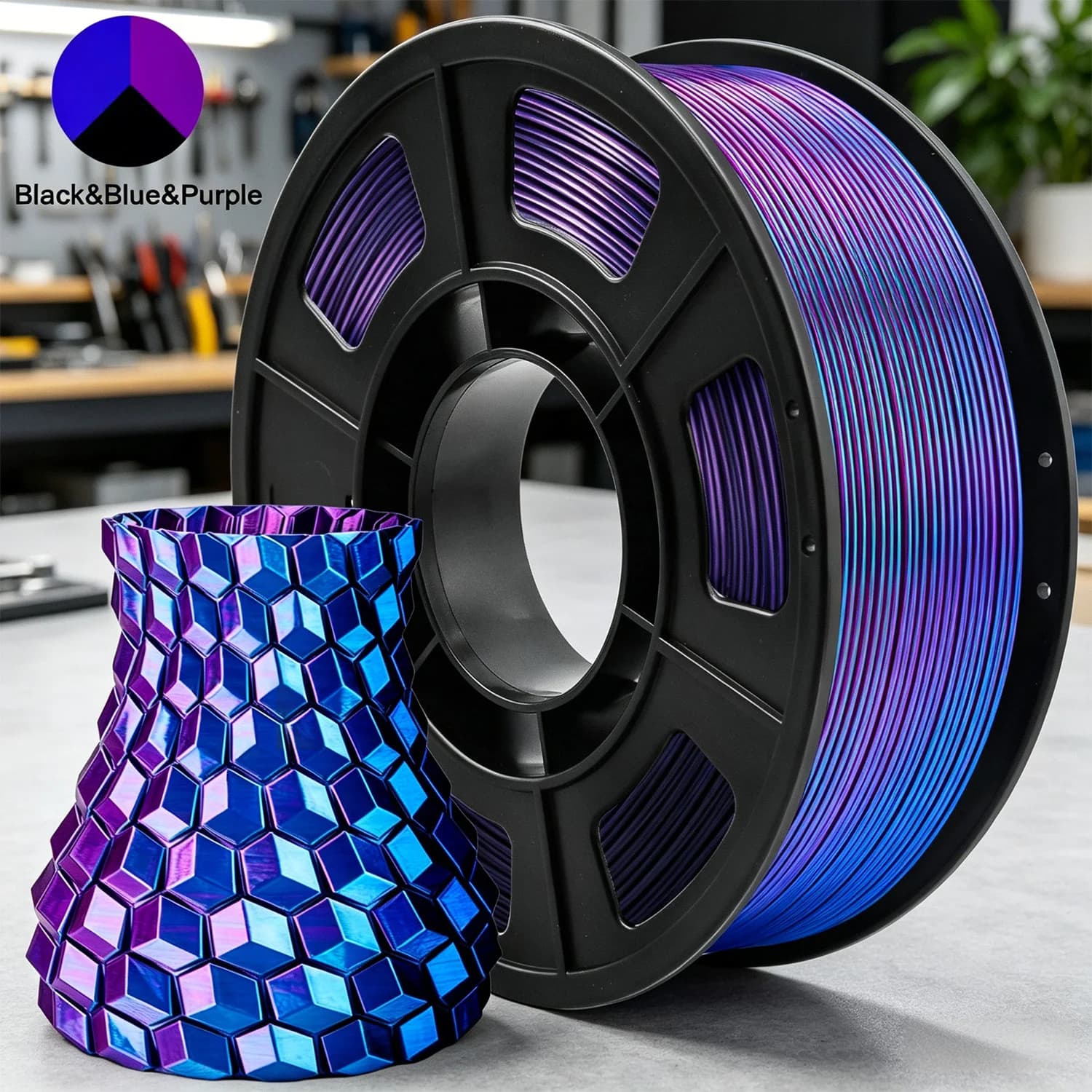 Filamento per stampante 3D in PLA tricolore effetto seta, 1,75 mm, multicolore, blu viola nero, 250 g (0,55 libbre)