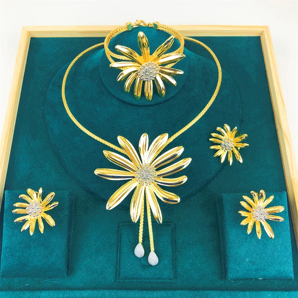 Luxury Africal Wedding Jewelry Set 18K Gold Plated Big Flower Necklace Bracelet Earring Ring For Women 2025 Trendy New