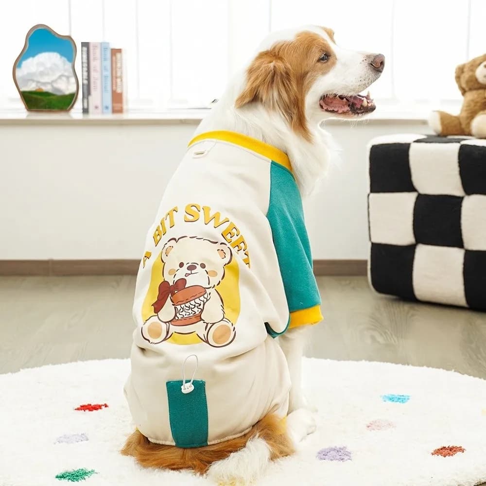 Tuta per Cani Ispessita con Motivo a Blocchi di Colore e Orso, Felpa in Pile con Cappuccio Regolabile e Anello a D per Cuccioli, Autunno Inverno