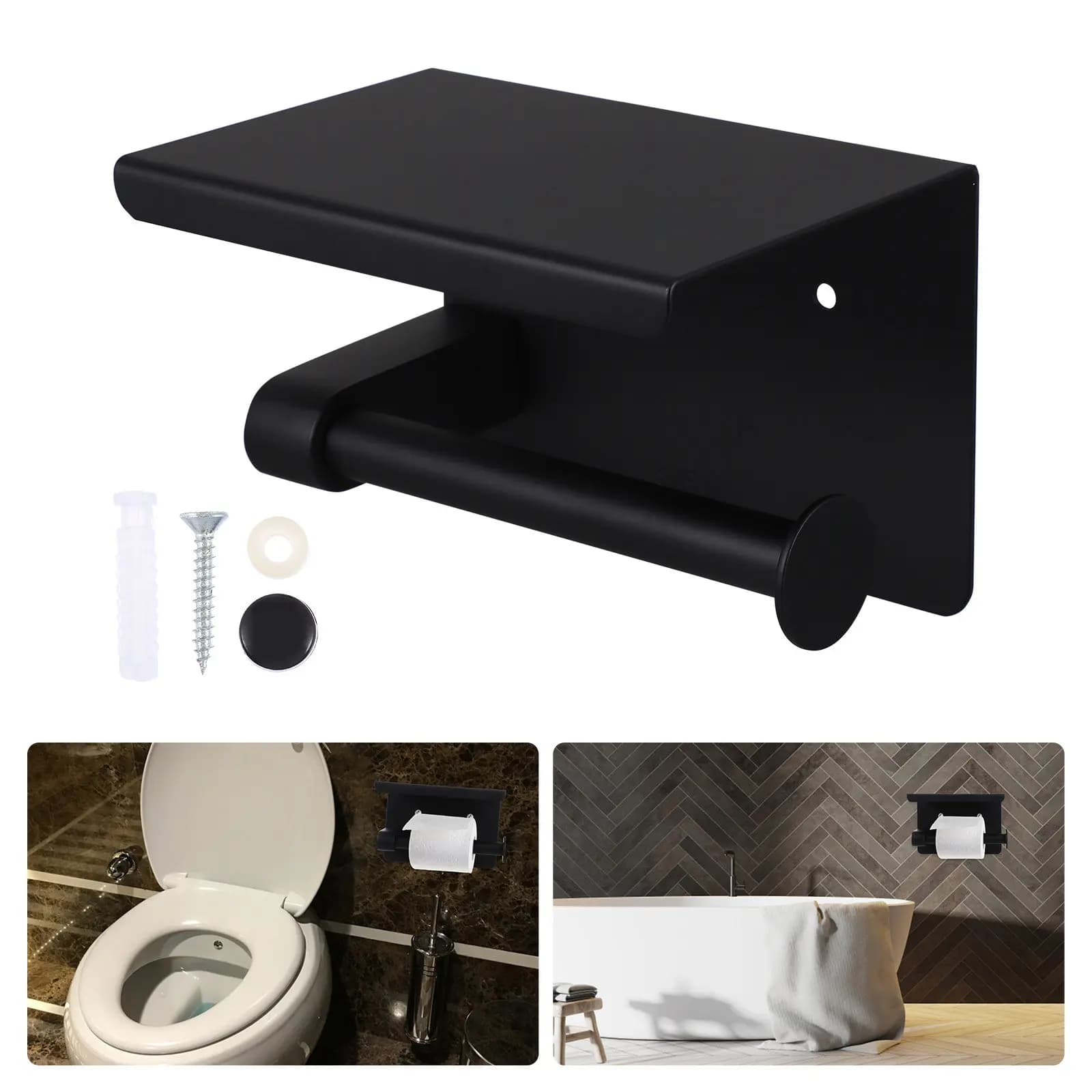 1Set Stainless Steel Perforation-Free Toilet Paper Holder Bathroom Wall Rack Phone Storage Tray Tissue Storage Rack