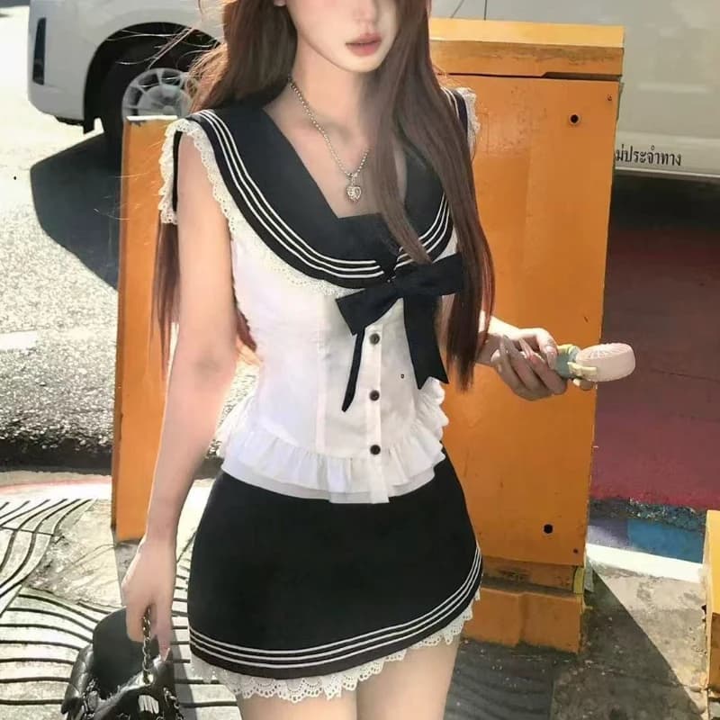 Set da 2 pezzi dolce con fiocco stile college camicia da marinaio dolce da donna + minigonna blu set di volant senza maniche Kawaii giapponese 2025
