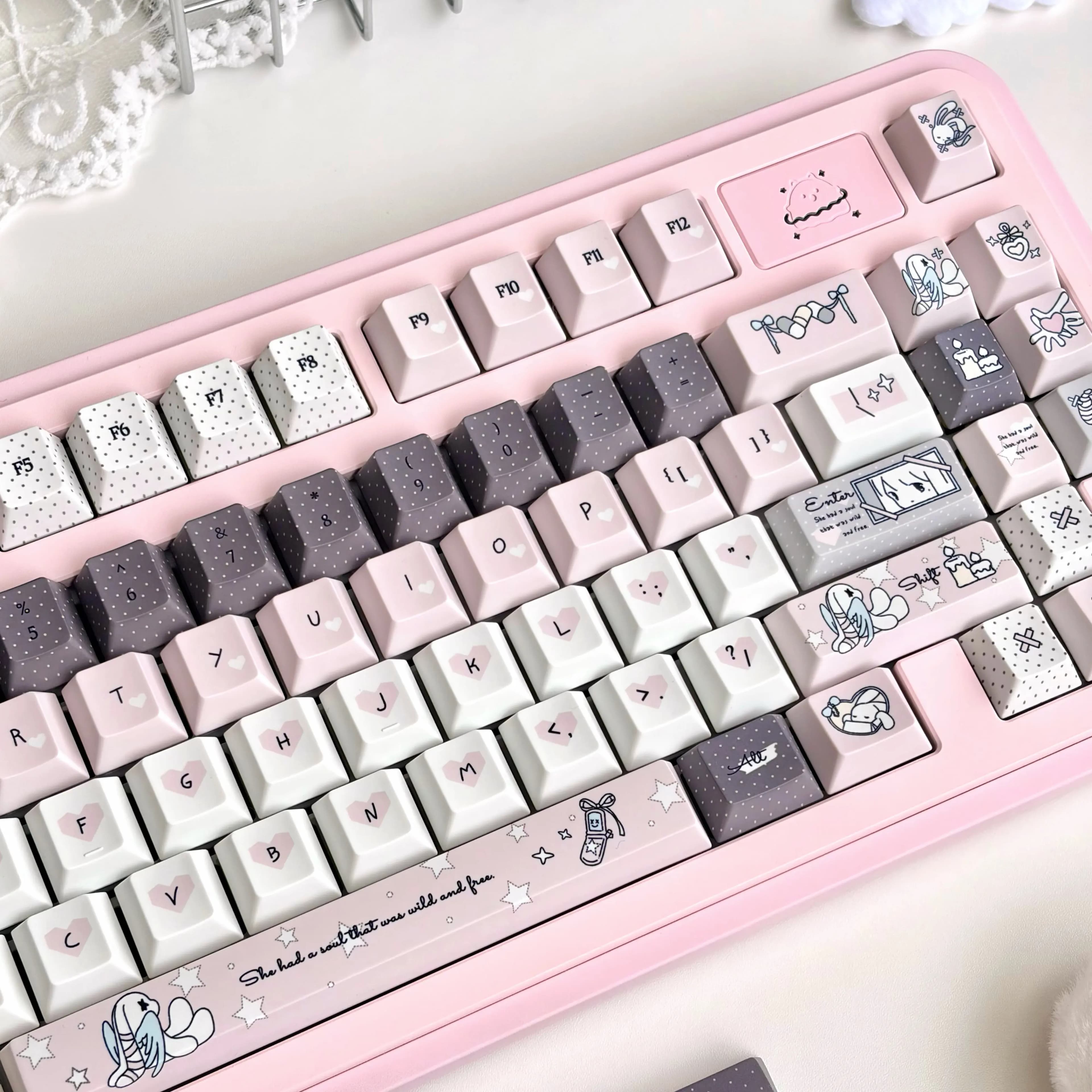 MAIMOOO Angel Bunny Keycaps Cherry Profile PBT Thermal Sublimation Custom Keycap MOA Pink Cute Rabbit Mechanical Keyboard Caps