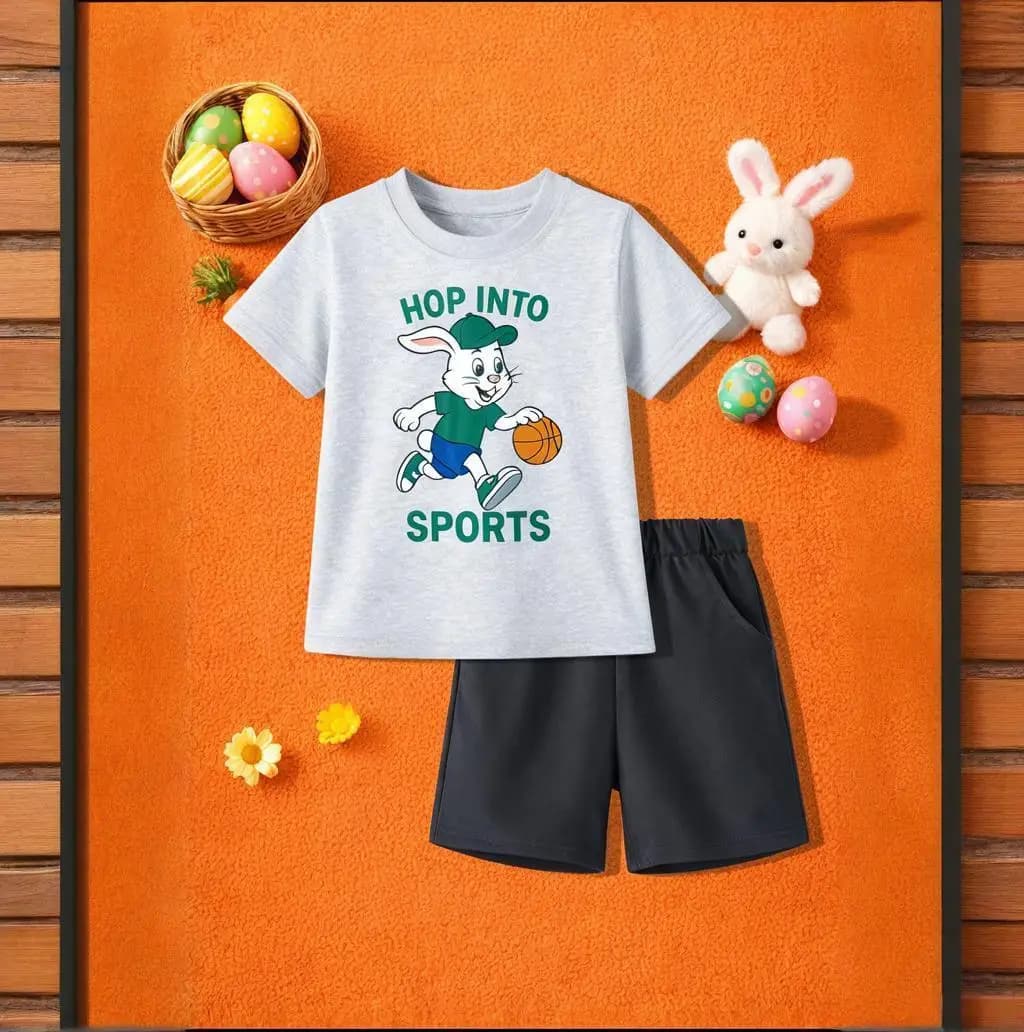 Easter offer: Complete for Children 100% Cotton, T-shirts and Shorts with Print Rabbit Basket, Sporty Set 2 Children's Pieces 2-7 Years
