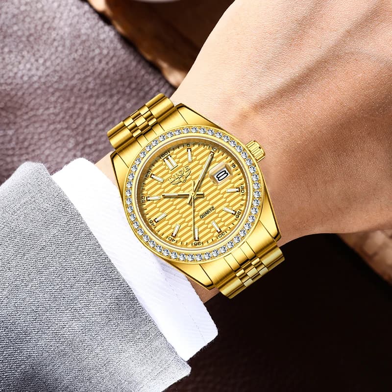 LIGE Top Brand Moda Uomo Orologio in oro Quadrante con diamanti Orologi di lusso da uomo Impermeabile Luminoso Data Orologi da polso al quarzo Reloj Hombre