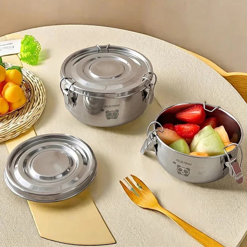 Scatola da pranzo rotonda portatile da 1 pezzo con coperchio Contenitore per alimenti in acciaio inossidabile 304 Bento Box a prova di perdite per picnic in campeggio