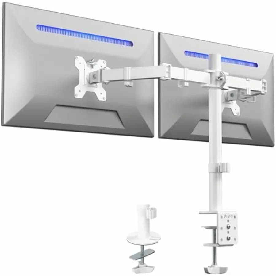 Supporto da scrivania per doppio monitor, resistente, completamente regolabile, in acciaio, per 2 schermi fino a 30 pollici e un massimo di 22 libbre ciascuno, bianco