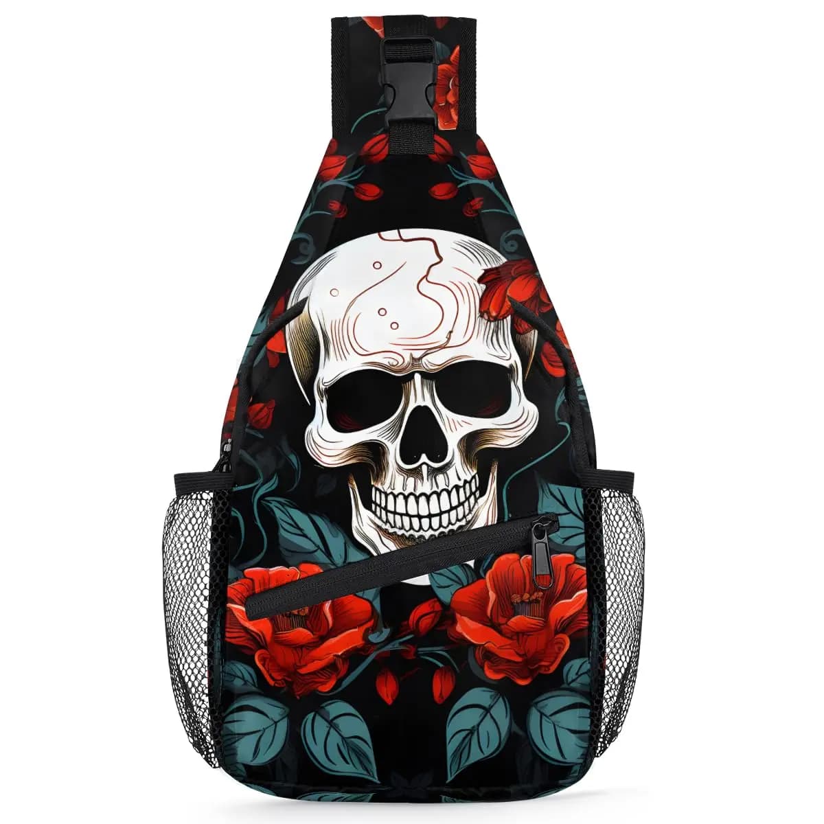Skull And Roses Sling Backpack Waterproof Anti-Theft Chest Bag Lightweight Travel Crossbody Shoulder Bag